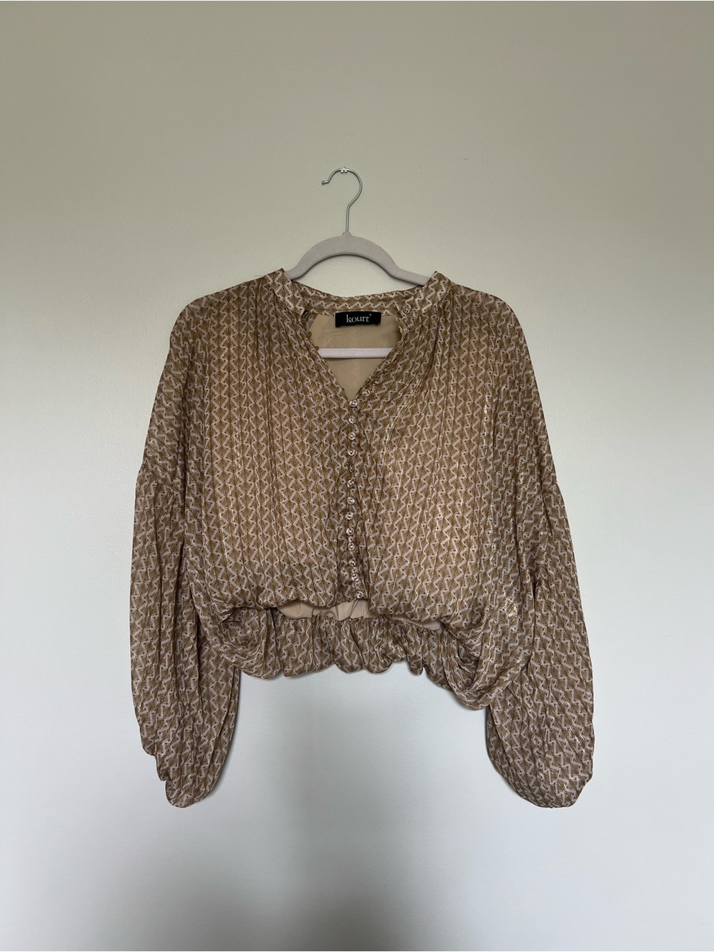 Women's Printed Tan Button-Front Blouse with Puff Sleeves - Picture 3 of 3